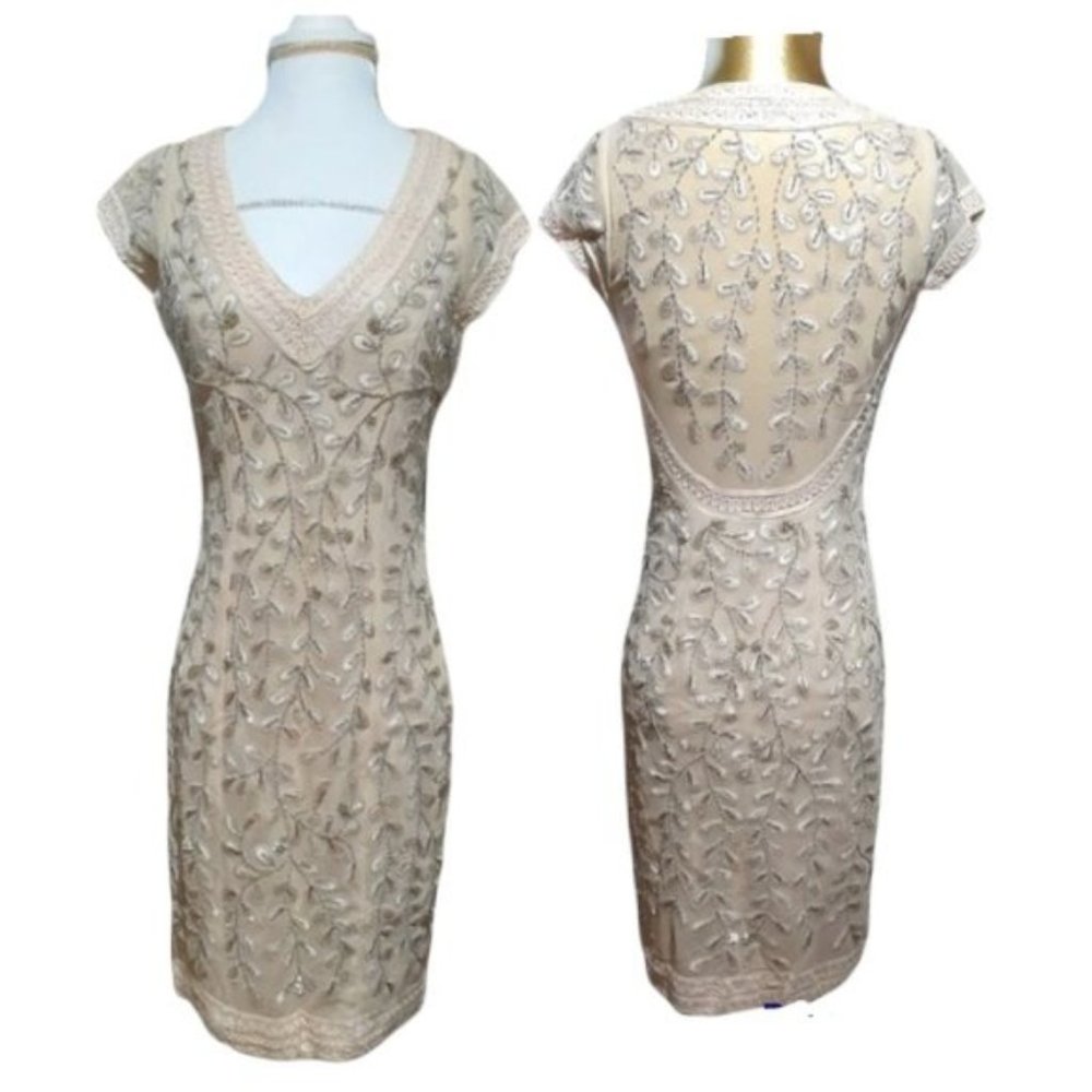 Sue Wong Nocturne Beige V neck Cocktail Embroidered Beaded Evening Dress Size 4